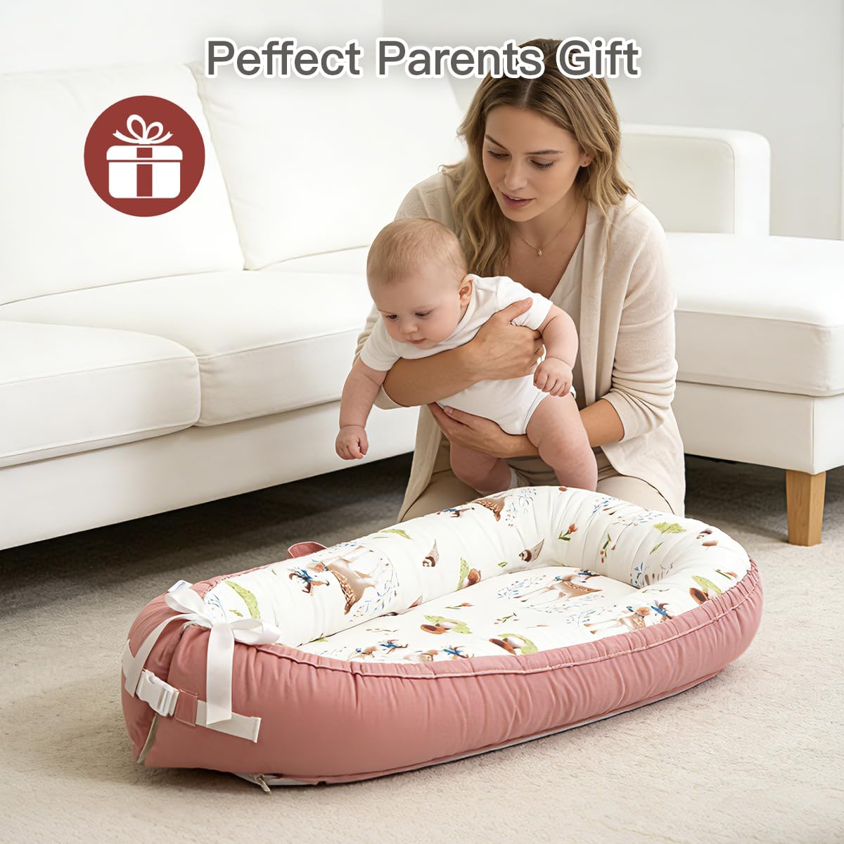 Baby Lounger | Organic Cotton Infant Lounger | Reversible, Adjustable & Portable Floor Lounger | Soft, Breathable, Washable Cover