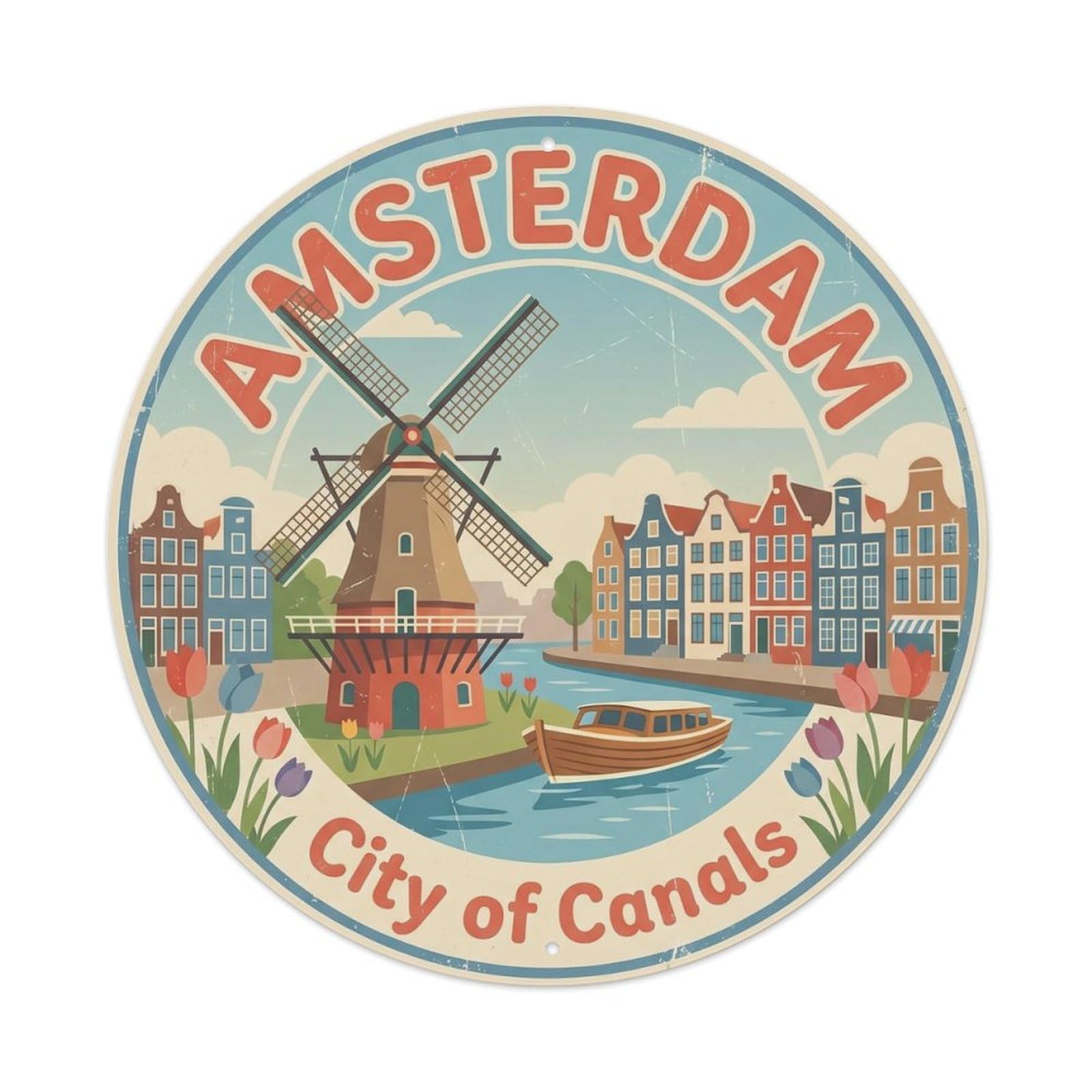 Vintage Travel Amsterdam Windmill Canal Metal Tin Sign Plaque Wall Decor for Cafe, Club, Garden Round Metal Poster 8x8Inch