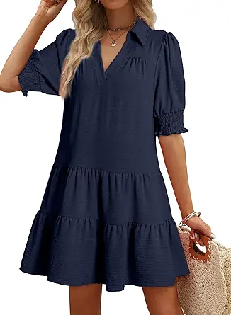 Dokotoo Casual Dresses for Women Lapel Collared V Neck Mid Sleeve Pleated Summer Dress 2026