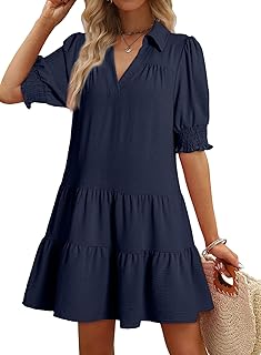 Casual Dresses for Women Lapel Collared V Neck Mid Sleeved Pleated Summer Dresses for Women 2025 Midi Dresses