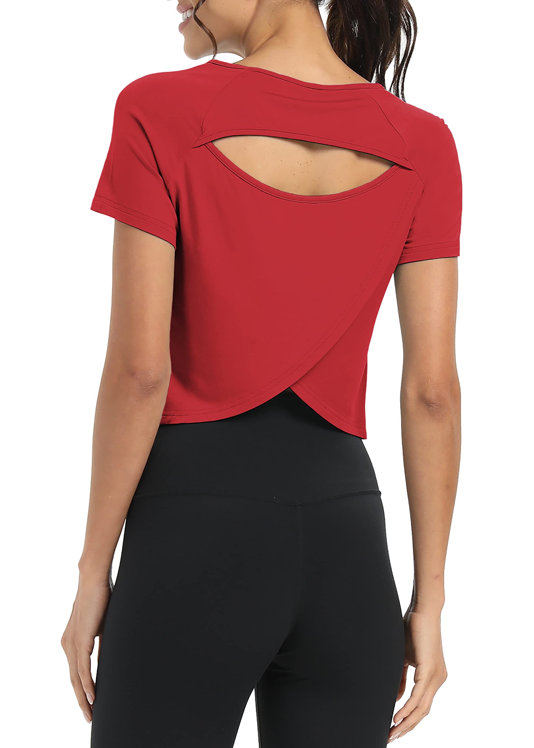 Bestisun Women Short Sleeve Cross Back Workout Crop Tops Backless Yoga Athletic Gym Shirts