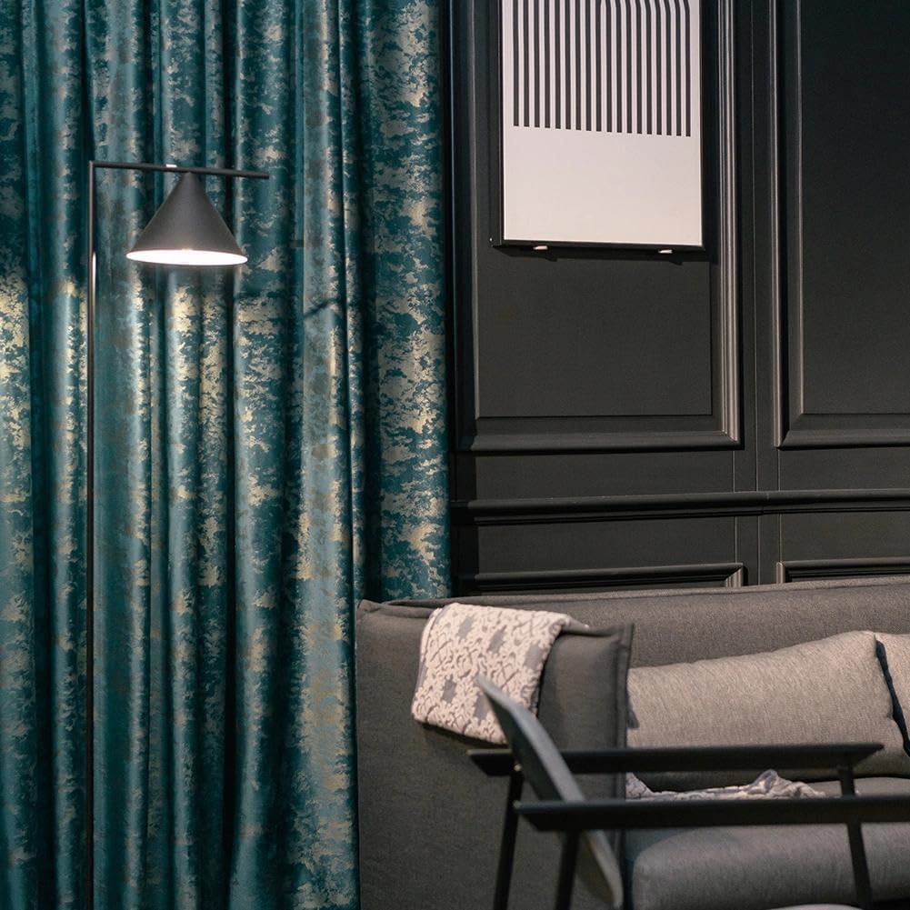 NAPEARL Velvet Curtain Panel Grommet Top Living Room Luxury Window Treatment Blue Velvet Fabric with Golden Embossed Home Decoration Living Room 1 Panel