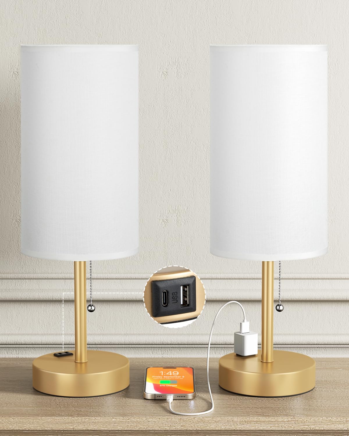 17.4" Gold Bedside Table Lamps Set of 2 - Bedroom Lamp, USB C+A, AC Outlet