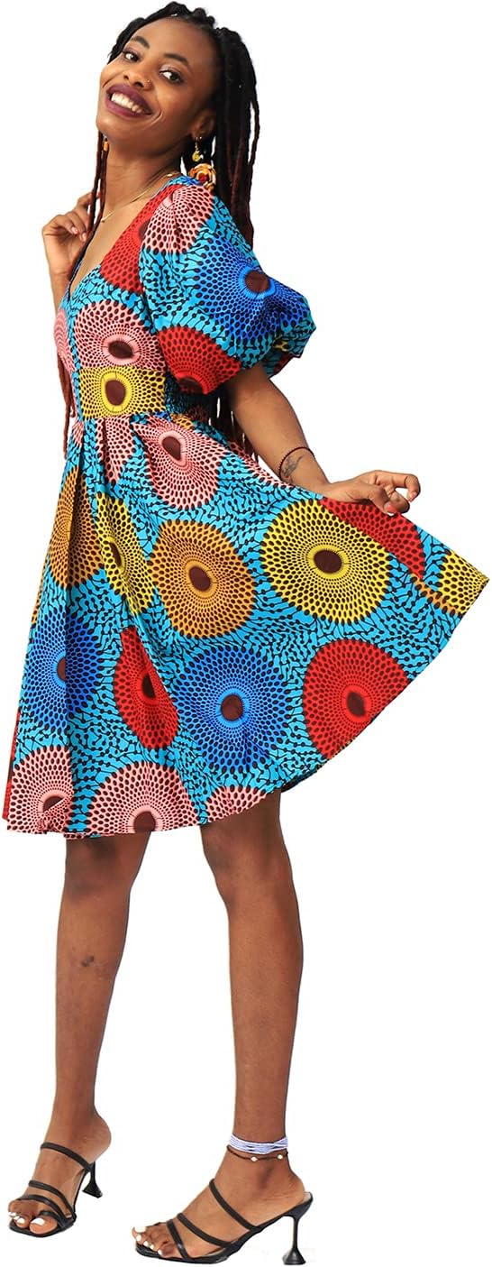 Women African Floral Print V Neck Dresses Ankara Lantern Sleeves Short Dress - Image 2