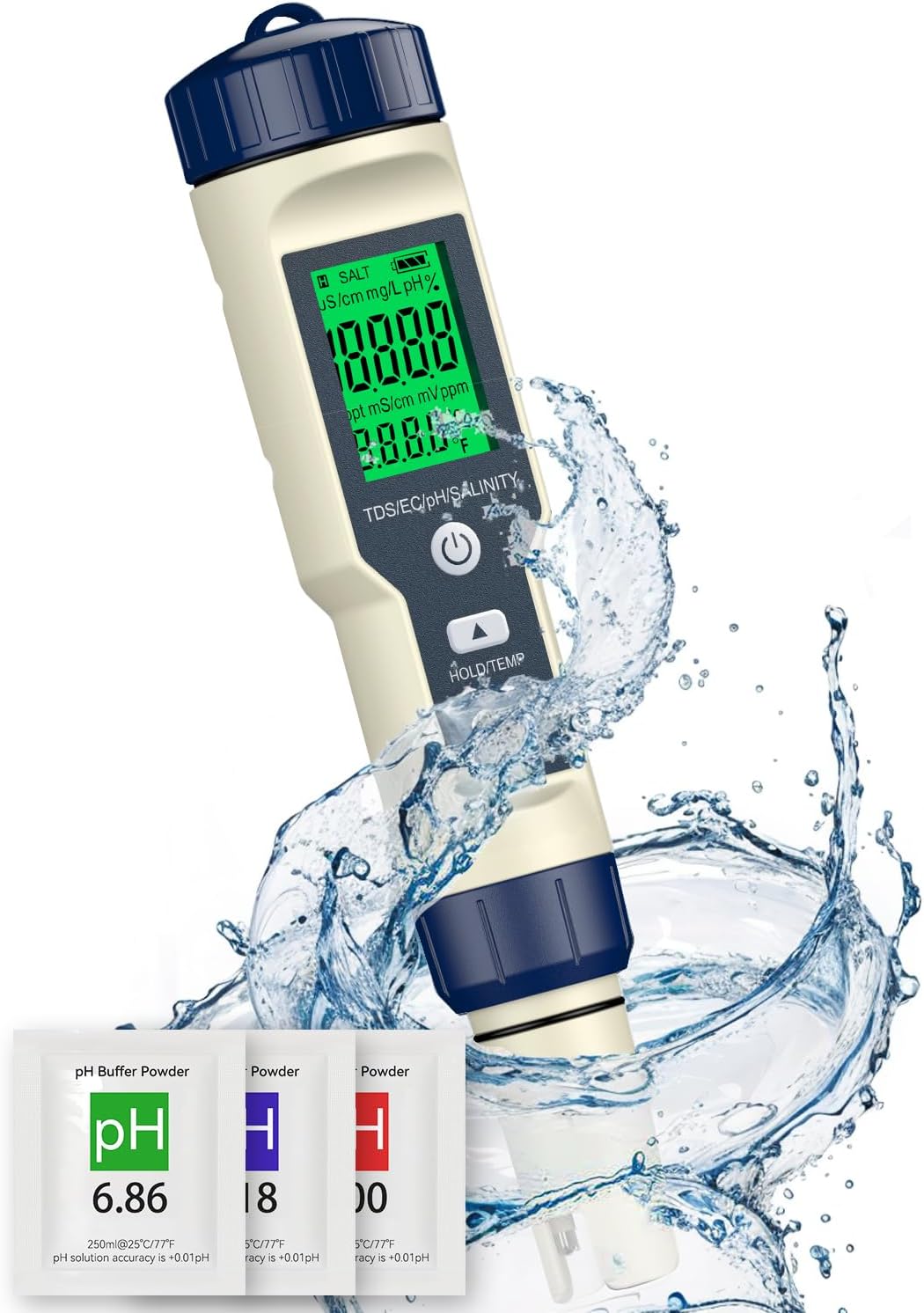 Pawfly TDS Meter 5 in 1 Digital Water Tester, pH Salinity TDS EC & Temperature Meter with pH Buffer Powder, Water Quality Tester for Swimming Pool Drinking Water Aquarium Hot Tub Saltwater & Spa
