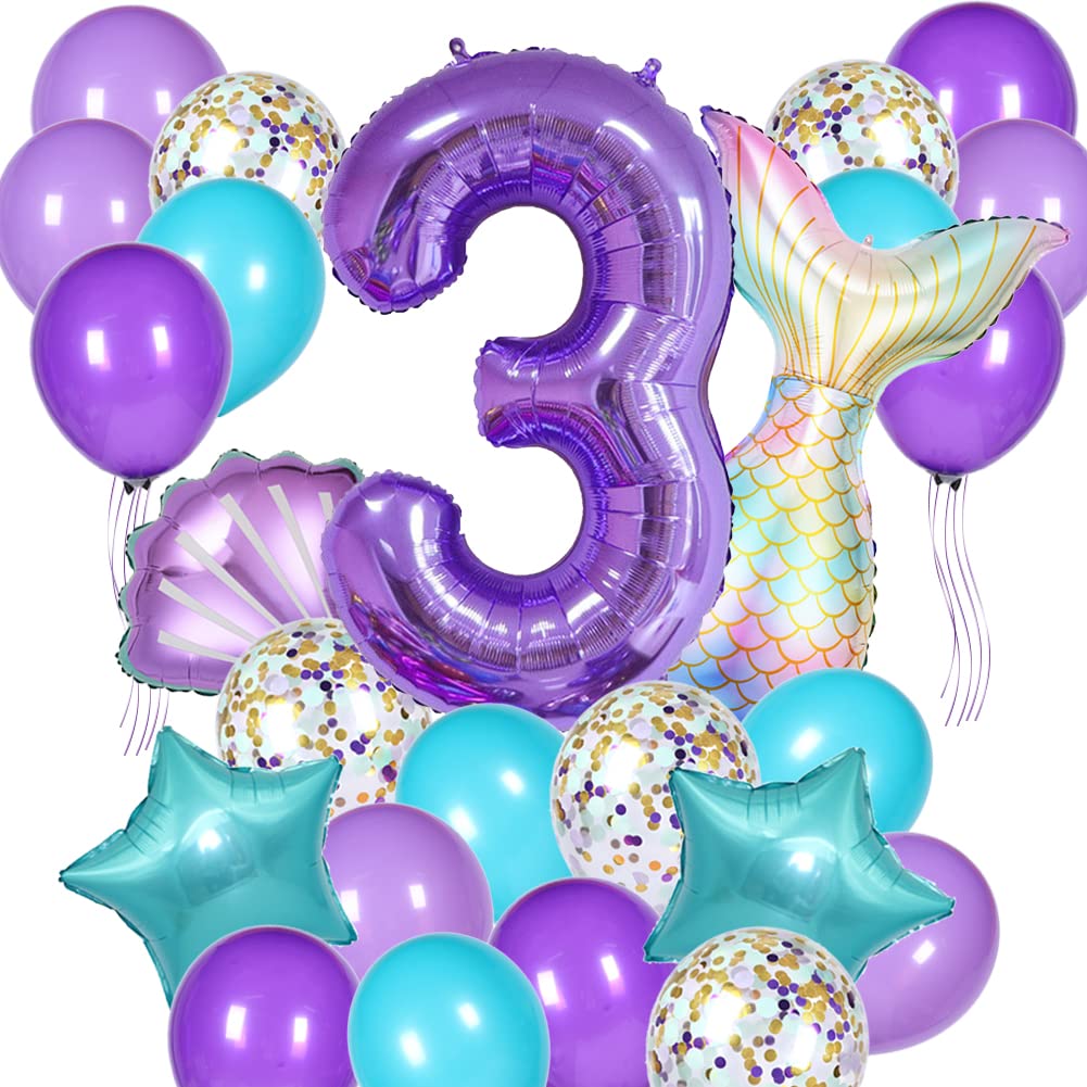 Mermaid Birthday Decorations 3rd Balloons Mermaid Tail Balloons Kit Party Decor for Girls 3 Year Old Birthday Supplies (Number 3)