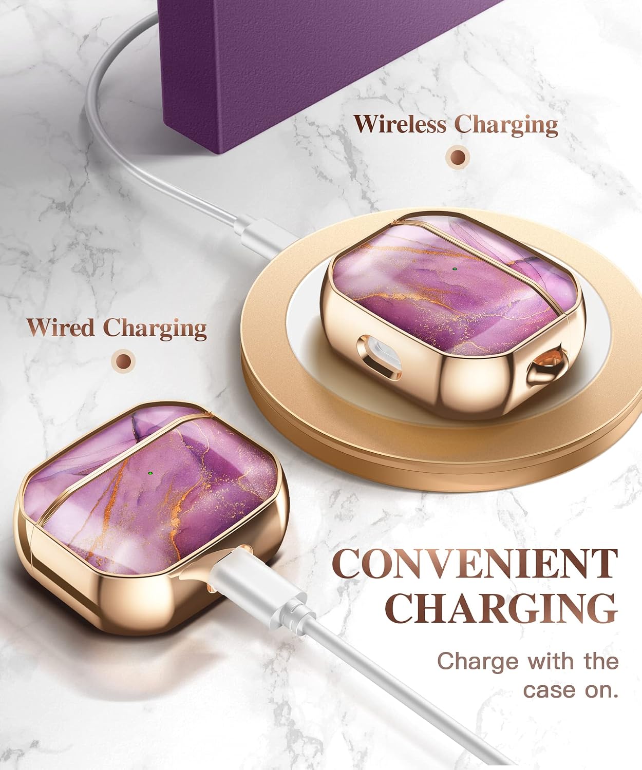 GVIEWIN Compatible with AirPods 3 Case 2021, Full Body Protective Stylish Marble Shockproof Hard Cover with Wrist Lanyard for AirPods 3rd Generation Charging Case (Romantic Purple)