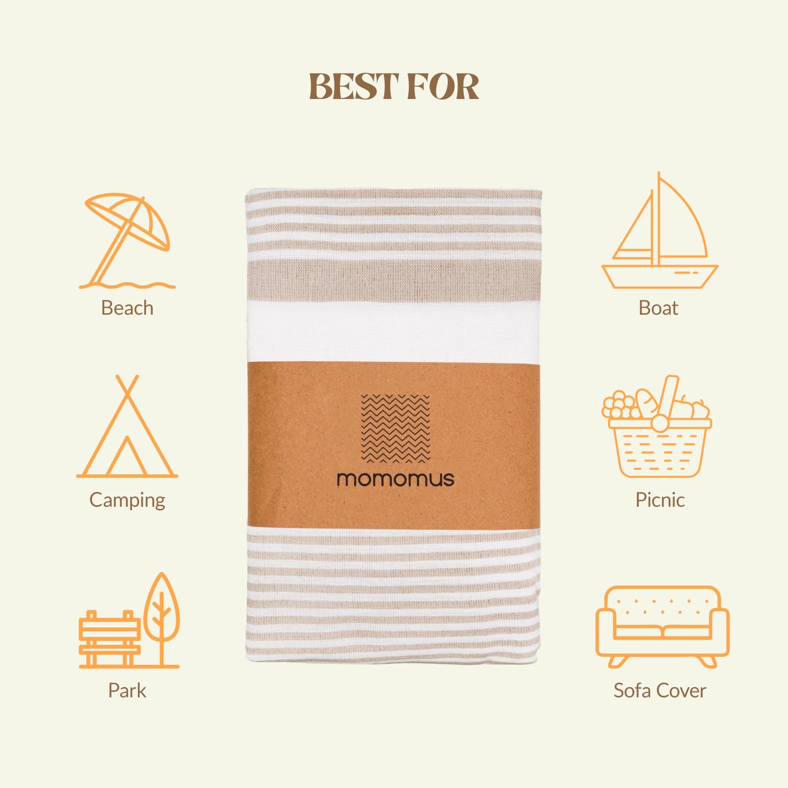 MOMOMUS Fouta XXL ou Grande Couverture de Pique-Nique Anti-Sable – Finition Bohème, Légère, Polyvalente – Tapis de Plage Anti Sable/Serviette de Plage XXL – Beige, 210 x 240 cm