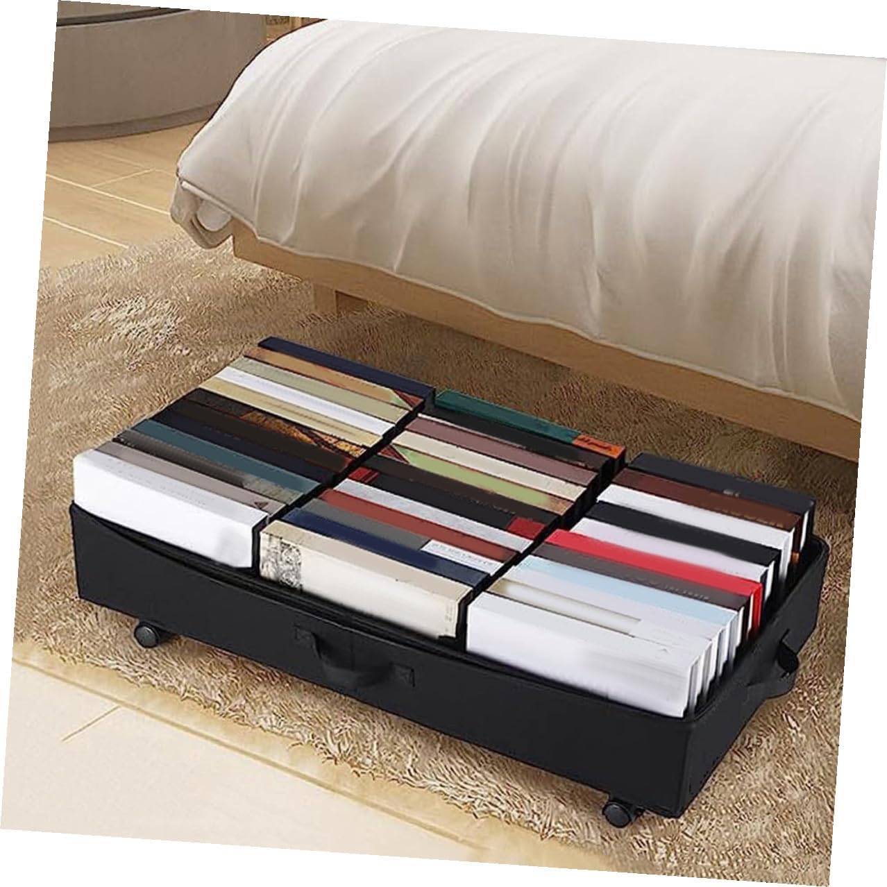 Bed Storage Container with Wheels, 3-compartment Oxford Cloth Organizer Bin, Large Capacity Dustproof Clothes and Storage for Bedroom