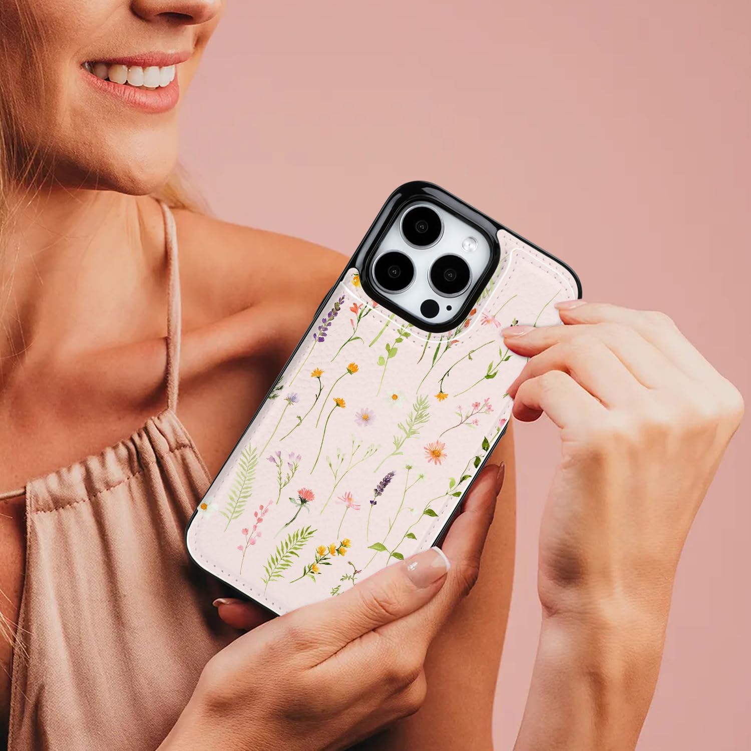 uCOLOR for iPhone 16 Pro 6.3" Wallet Case Magsafe with Card Holder Slot【Compatible with MagSafe】 Folio Flip PU Leather Design with Camera Lens Protector (Nude Wild Flower) - Image 7