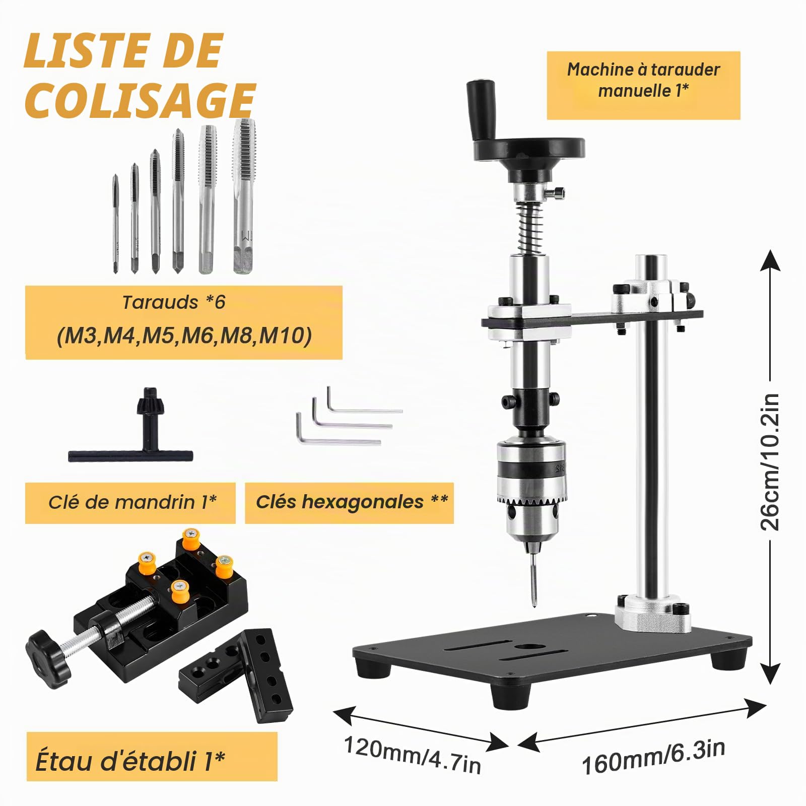 MXBAOHENG M3-M10 Taraudeuse Verticale Manuelle de Précision avec étau et 6 tarauds Machine à Tarauder Verticale Taraudeuse sur table manuelle pour taraudage dans le métal, le bois et le plastique