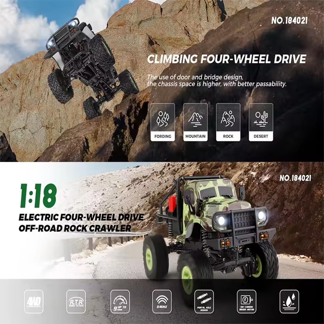 NULA Auto RC fuoristrada, 1:18, 4WD 9 km/h, fuoristrada, auto fuoristrada, 2,4 GHz, auto elettrica per arrampicata con luci a LED per adulti - RTR