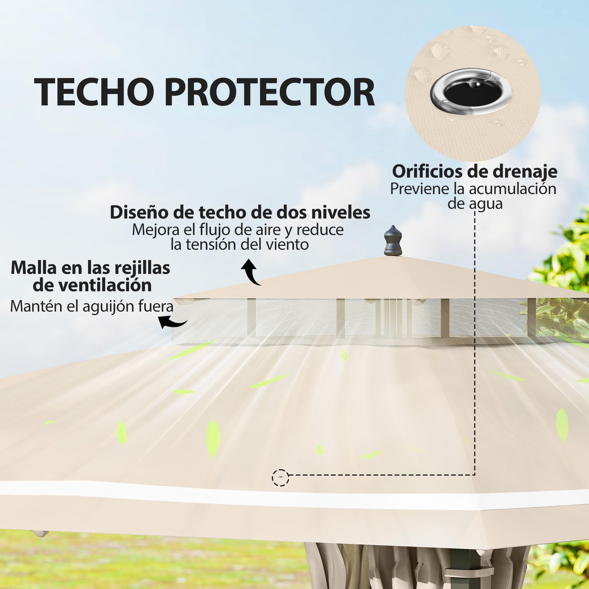 Outsunny Cenador para Jardín 3x3,7 m, Pabellón de Jardín Gazebo con Doble Techo, Paredes Laterales, Mosquiteras, Marco de Metal, Resistente al Agua, Anti-UV, Carpa para Exterior, Terraza, Patio, Beige