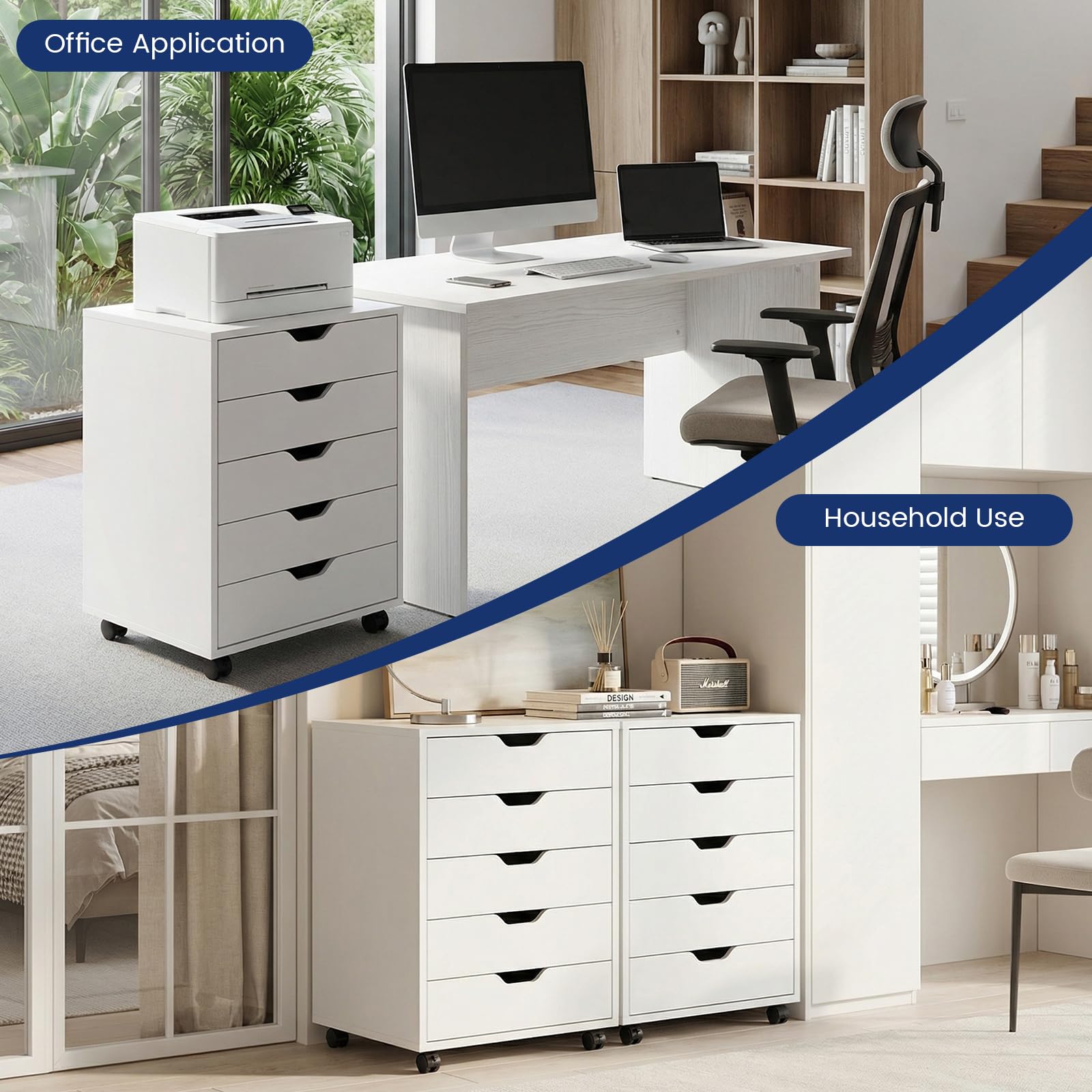 Cajonera Oficina, Cajonera Escritorio con 5 Cajones, Multiusos Armario Archivador Móvil con 4 Ruedas para Bajo Escritorio Casa, Soporte para Impresora, 65cm Alto, Blanco