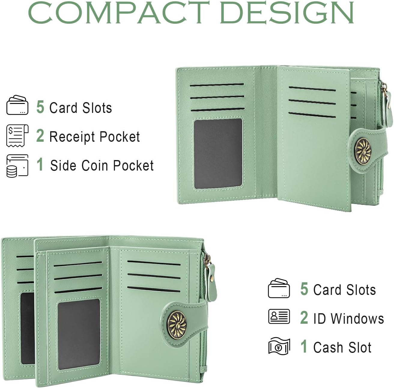 Small Wallets Woman Leather 2 ID Windows Bifold RFID Blocking Credit Card Holder Wallet with Zipper Coin Pocket - Image 5