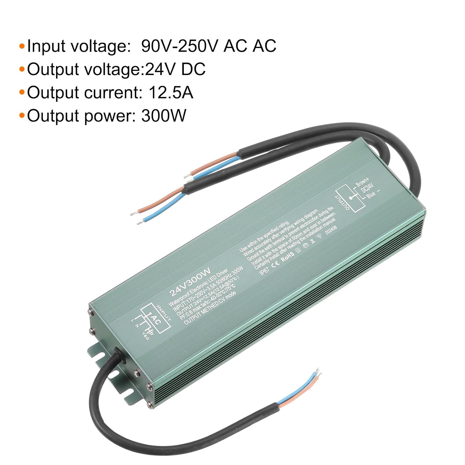 MECCANIXITY LED Driver 24V 300W Waterproof IP67 Power Supply Transformer Adapter, 170V-250V AC to 24V DC Low Voltage Output LED Power Supply for LED Strip Lights