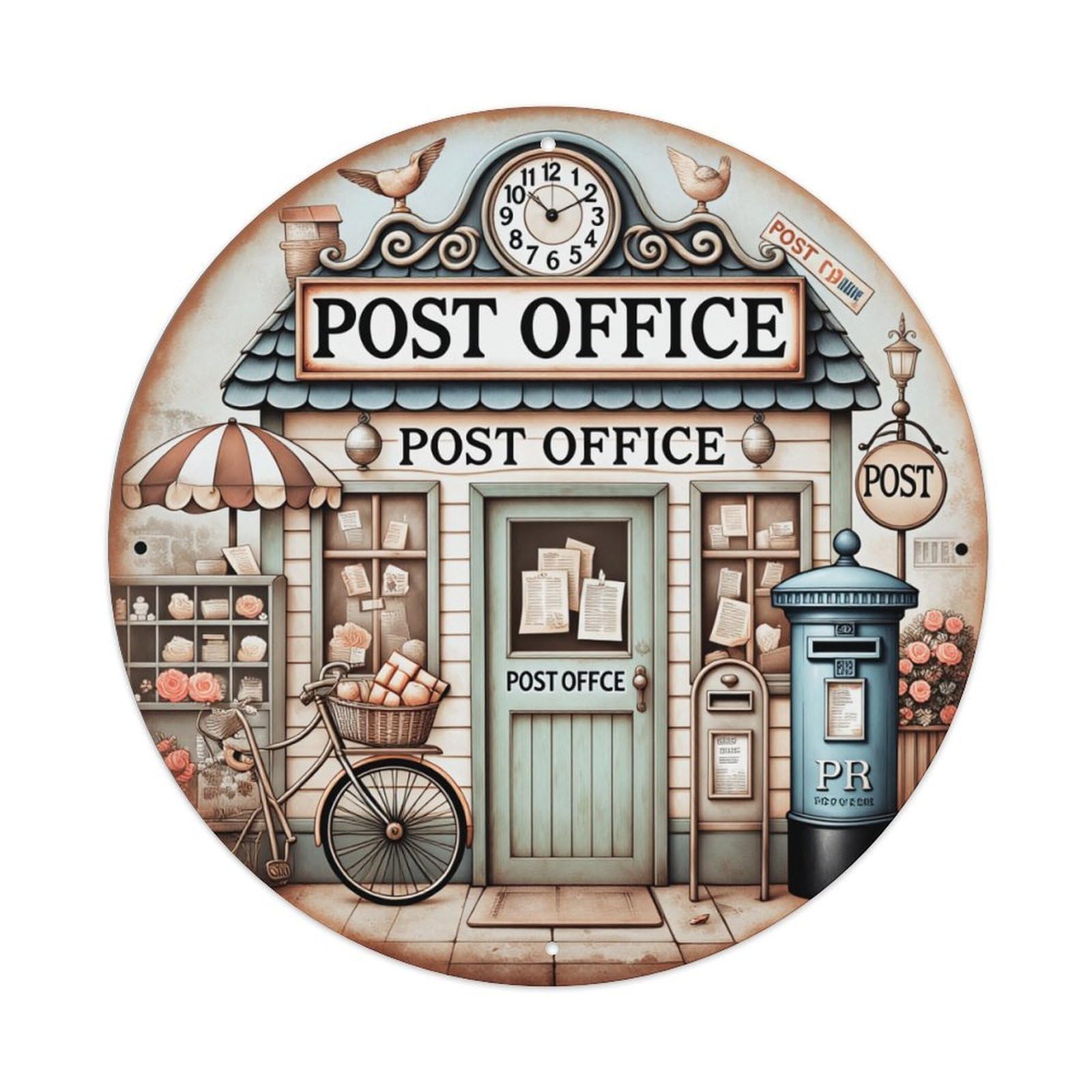 Post Office Vintage Scene Pattern Round Tin Sign Retro Metal Sign for Cafe Bar Pub Home Game Room Gym Club Wall Decoration Vintage Metal Poster 8x8 Inch