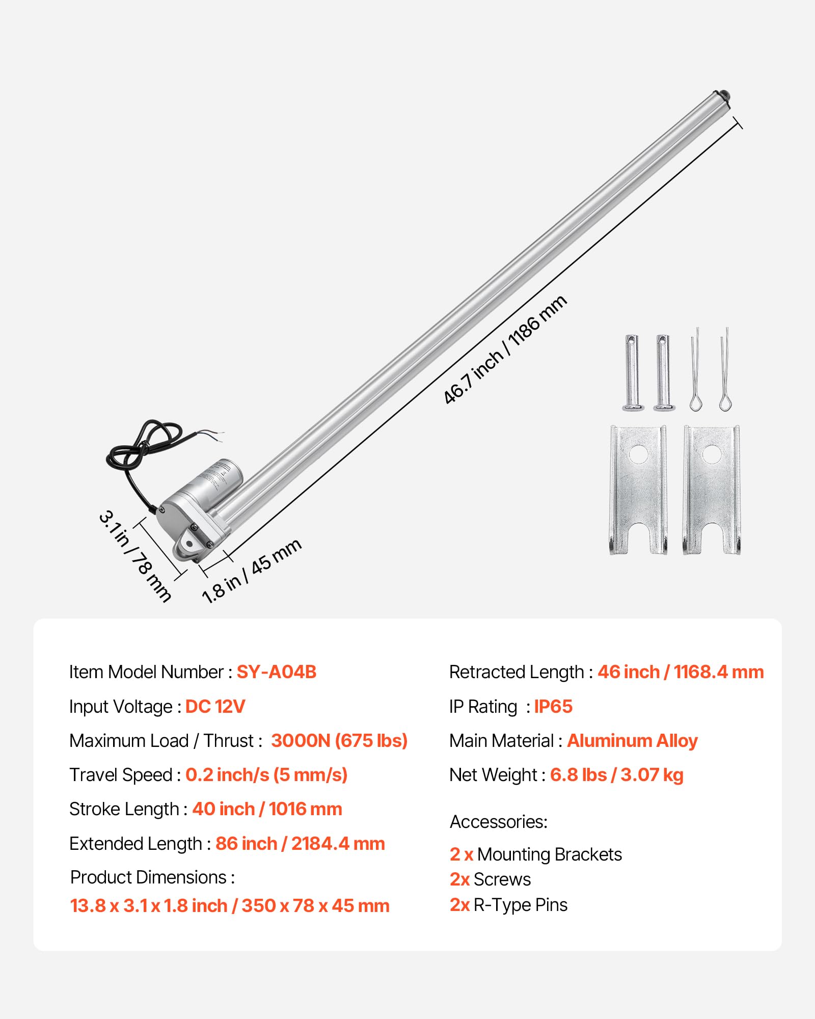 VEVOR Siłownik liniowy 12 V, wodoodporny siłownik liniowy IP65 z skokiem 1016 mm, 3000 N siłownik ruchu z wspornikami montażowymi do trackerów słonecznych, maszyn przemysłowych