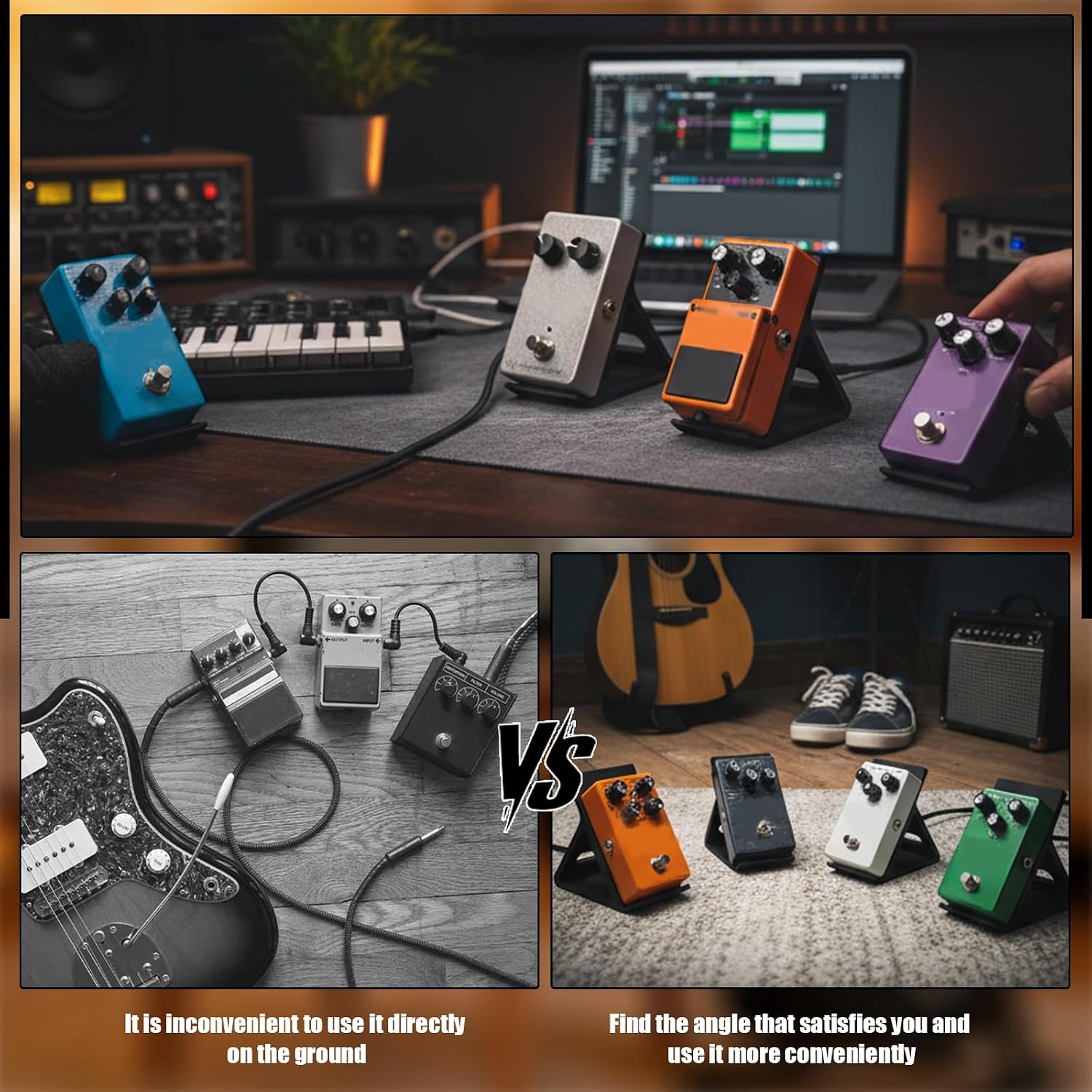 2PC Guitar Pedal Board, Mini Pedal Holder with Anti-Slip Pads, 60° and 60° Tilted Design, Small Guitar Pedal Holder for Recording Studios, Desktops, and Practice Spaces (60°+60°)