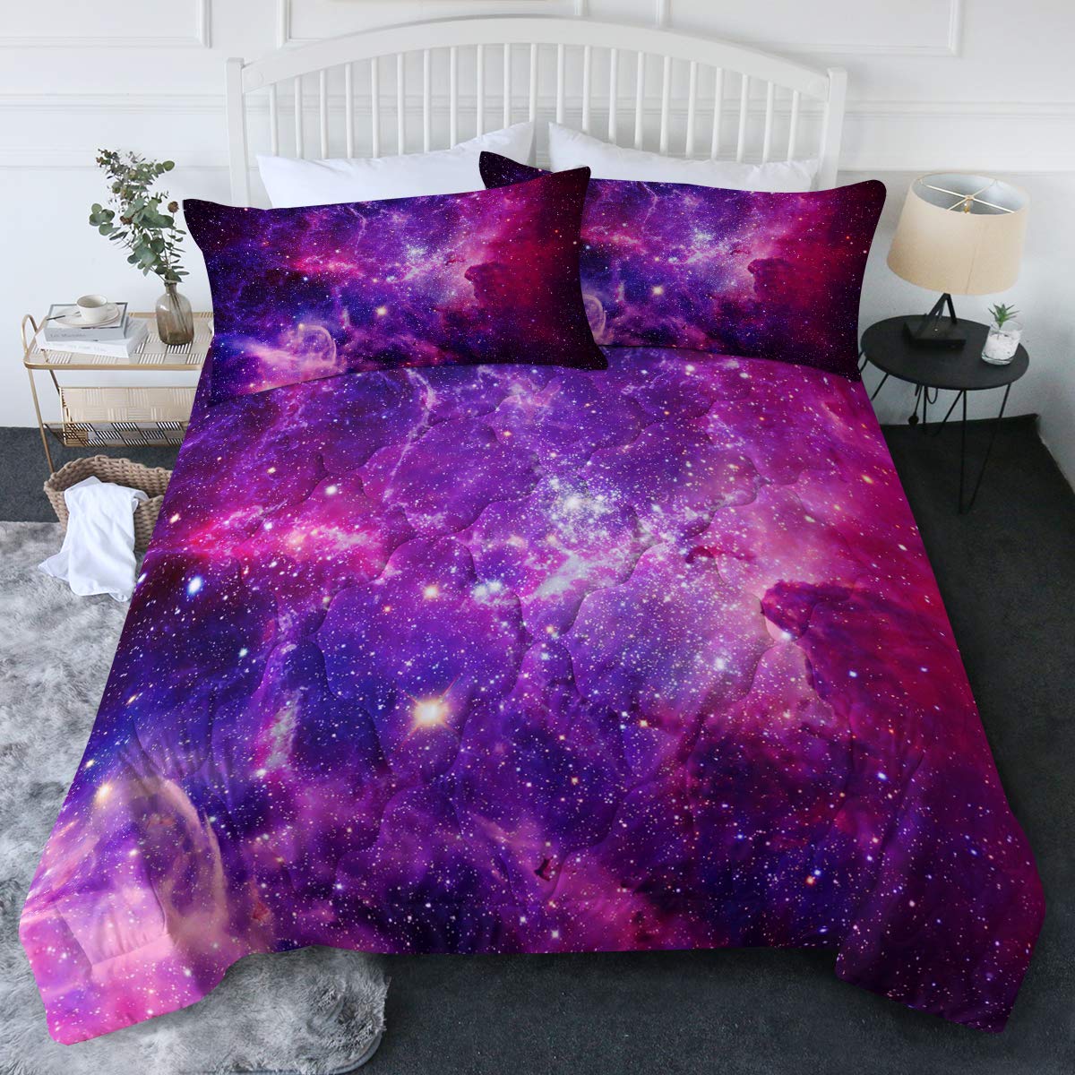BlessLiving Galaxy Comforter King 3D Cosmic Space Space Bedding Purple Teal Pink 3 Piece Galaxy Stars Comforter Set with 2 Pillow Cases for Kids Teen Girls Boys