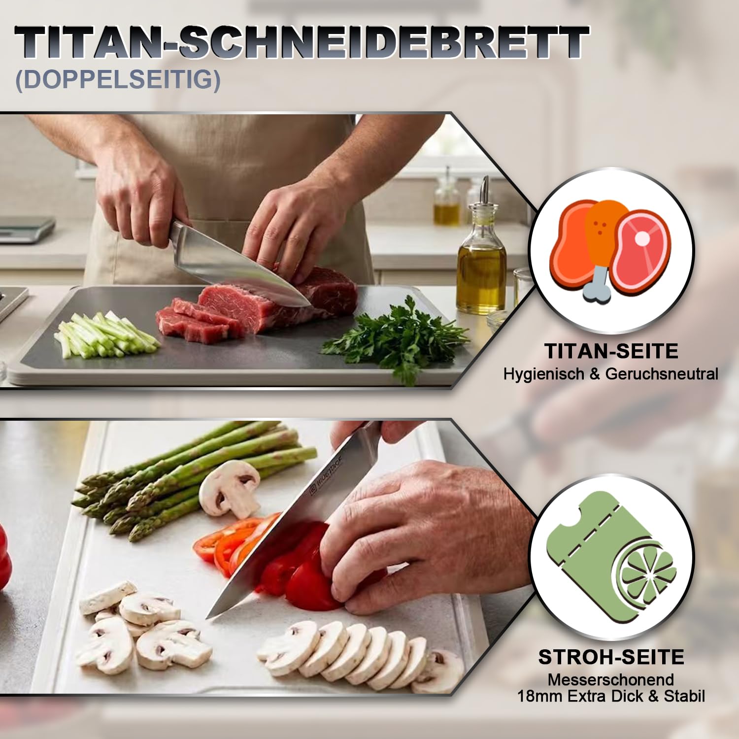 Set di 19 coltelli con ceppo e tagliere in titanio, set di coltelli da cucina professionali in acciaio inox con coltello da cuoco, coltello Santoku, 6 coltelli da bistecca, acciaio affilato, forbici