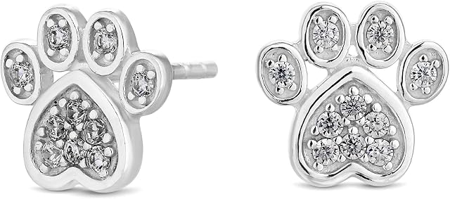 Sterling Silver 925 Cubic Zirconia Paw Print Stud Earring White