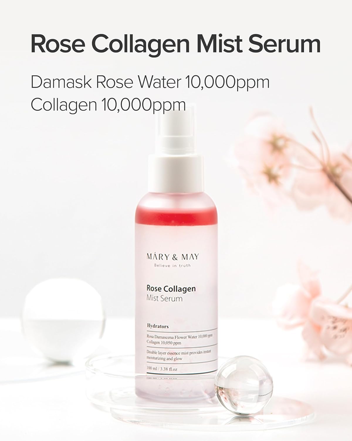Mary&May Rose Collagen Mist Serum - Double Layer Essence Face Spray - Instant Hydration, Radiance, Anti-Aging and Glowing Skin with Damask Rose Water and Plant-Based Oils, 3.38 fl.oz. - Image 2