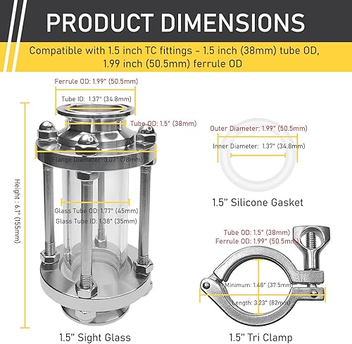 Miniatura 2 de Vidrio de mira en línea de triple trébol de 1.5 pulgadas con 2 piezas de 1.5 pulgadas de triple abrazadera y junta de silicona Accesorios TC
