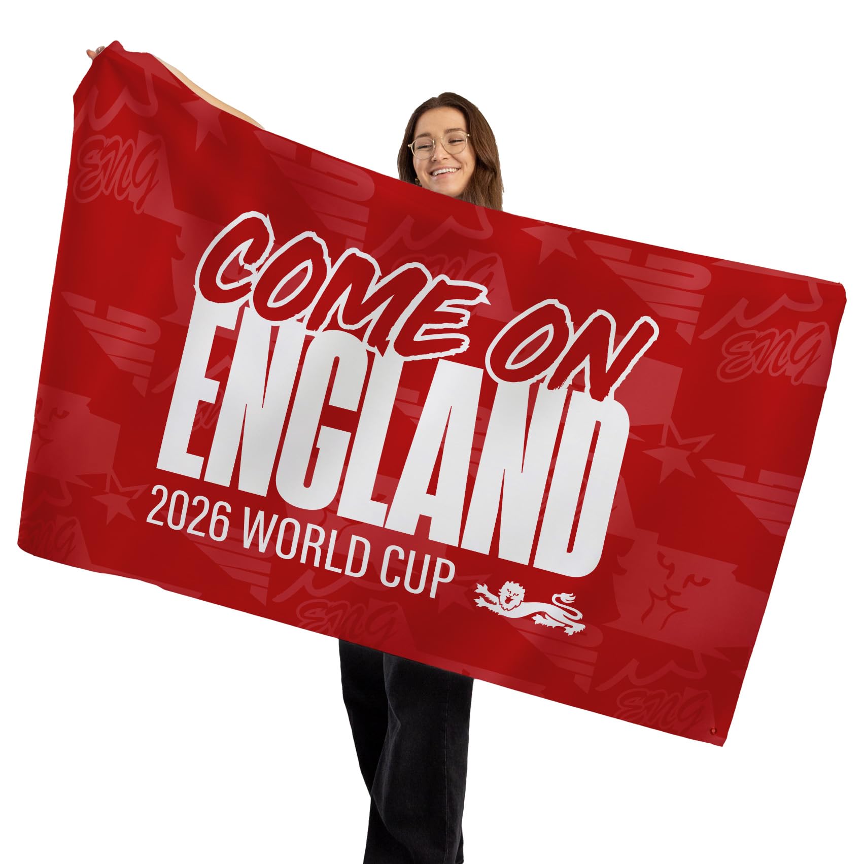 BRITISH MADE GIFTS Come on England 2026 WC Banner, Red with Lion Design, Polyester, Rectangular Flag, Multiple Sizes (3ft x 2ft)