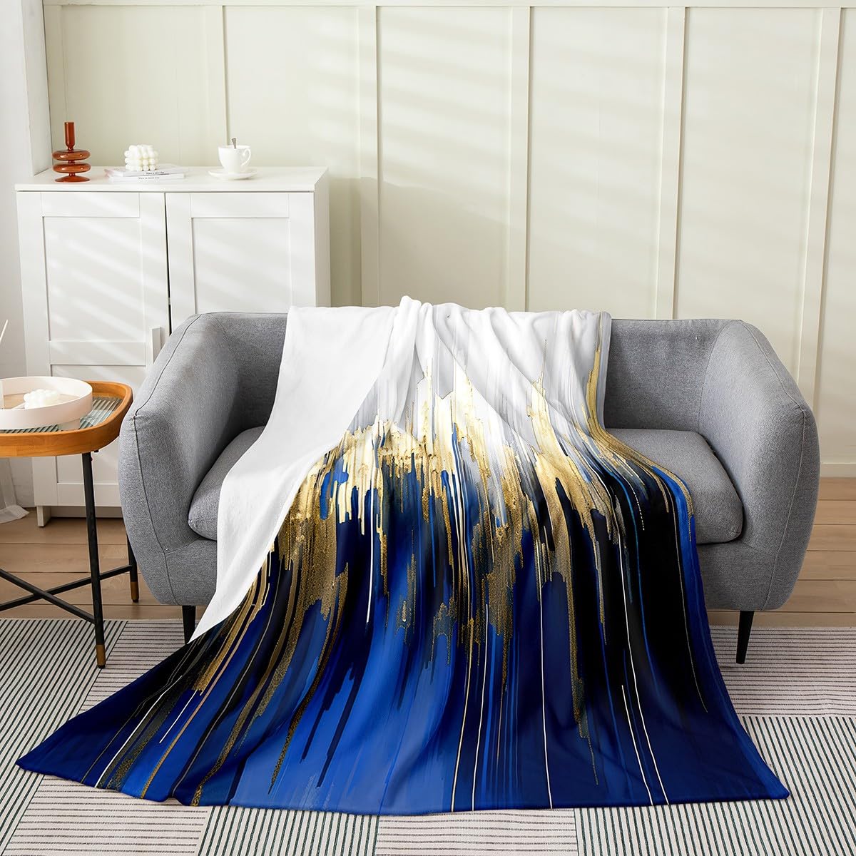 Erosebridal Abstract Art Bed Blanket Navy Gold Grey Throw Blanket, Stripe Blanket Twin 60x80 Inch Golden Metallic Sequins Fleece Blanket, Dark Blue