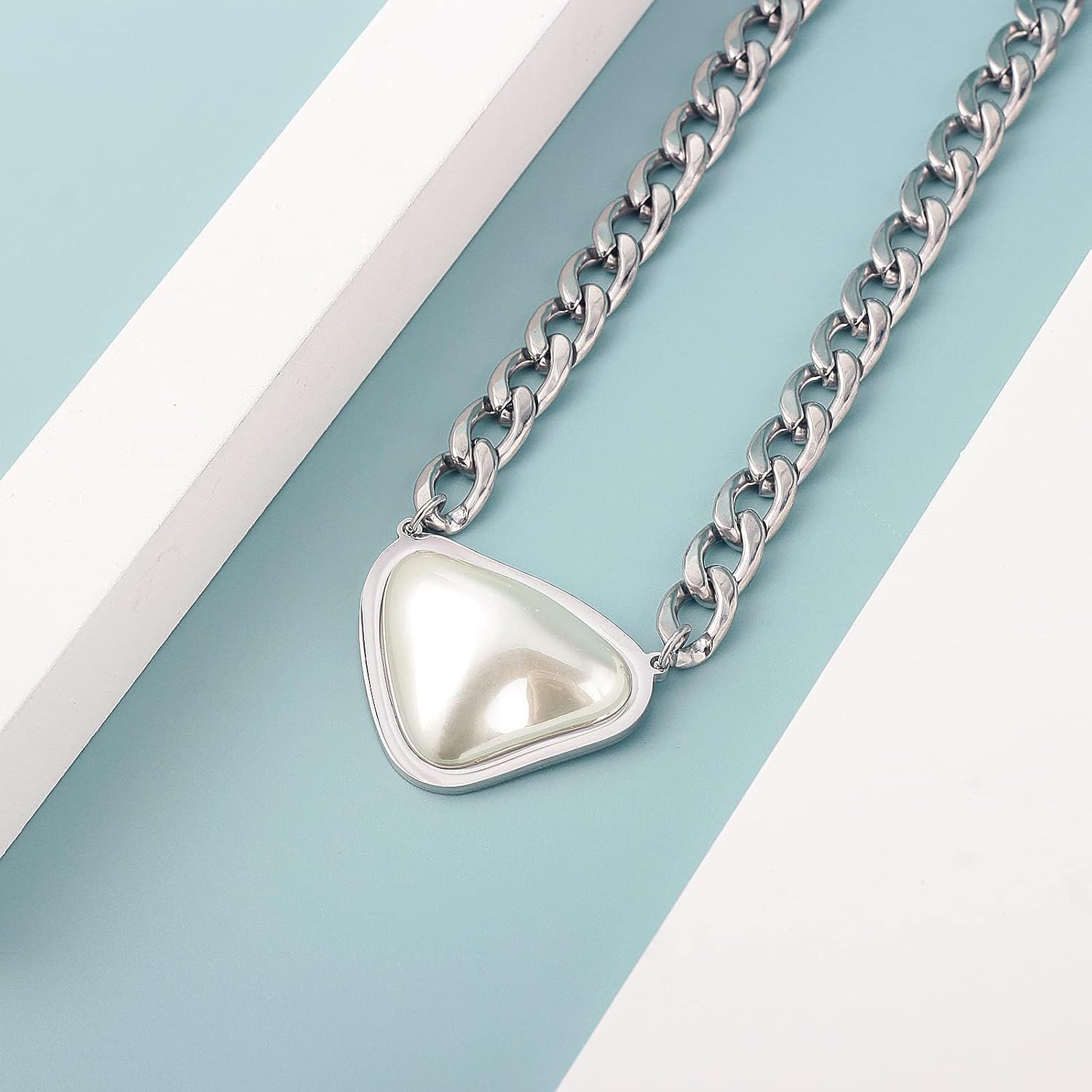 DASIQI Pearl Pendant Necklace Cuban Link Thick Silver Chain 19 inch Stainless Steel Fashion Jewelry - Image 2