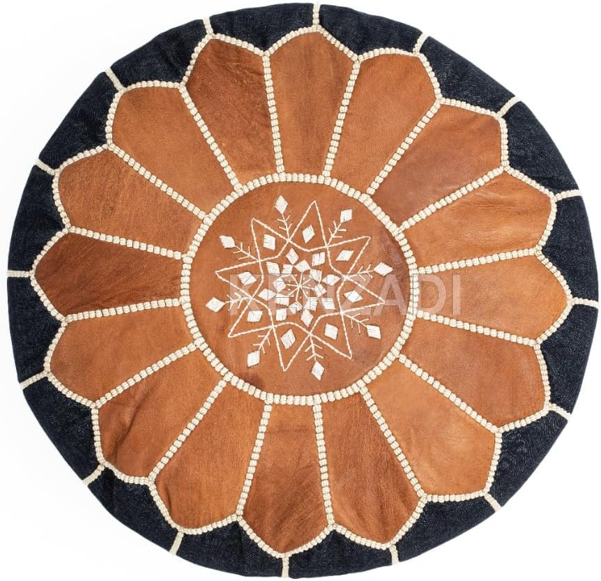 KENZADI Stuffed Genuine Leather Pouf Handmade Stitched in Marrakech by Moroccan Artisans (Jean with Tan)