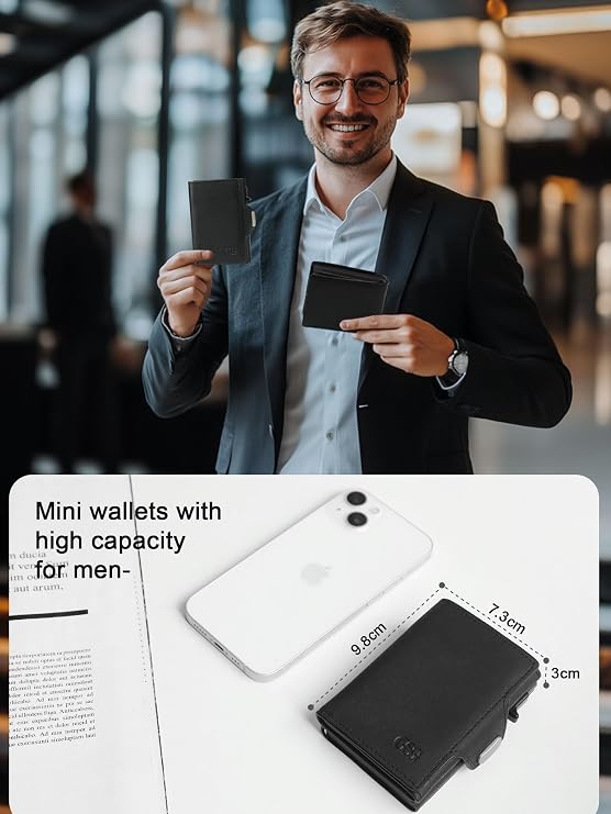 GSG SINCE 1998 Men's Leather Wallet RFID Blocking Pop Up Card Holder Slim Wallet with Coin Pocket ID Window Cash Slot Holds 10 Cards Gift Box Microfiber Black
