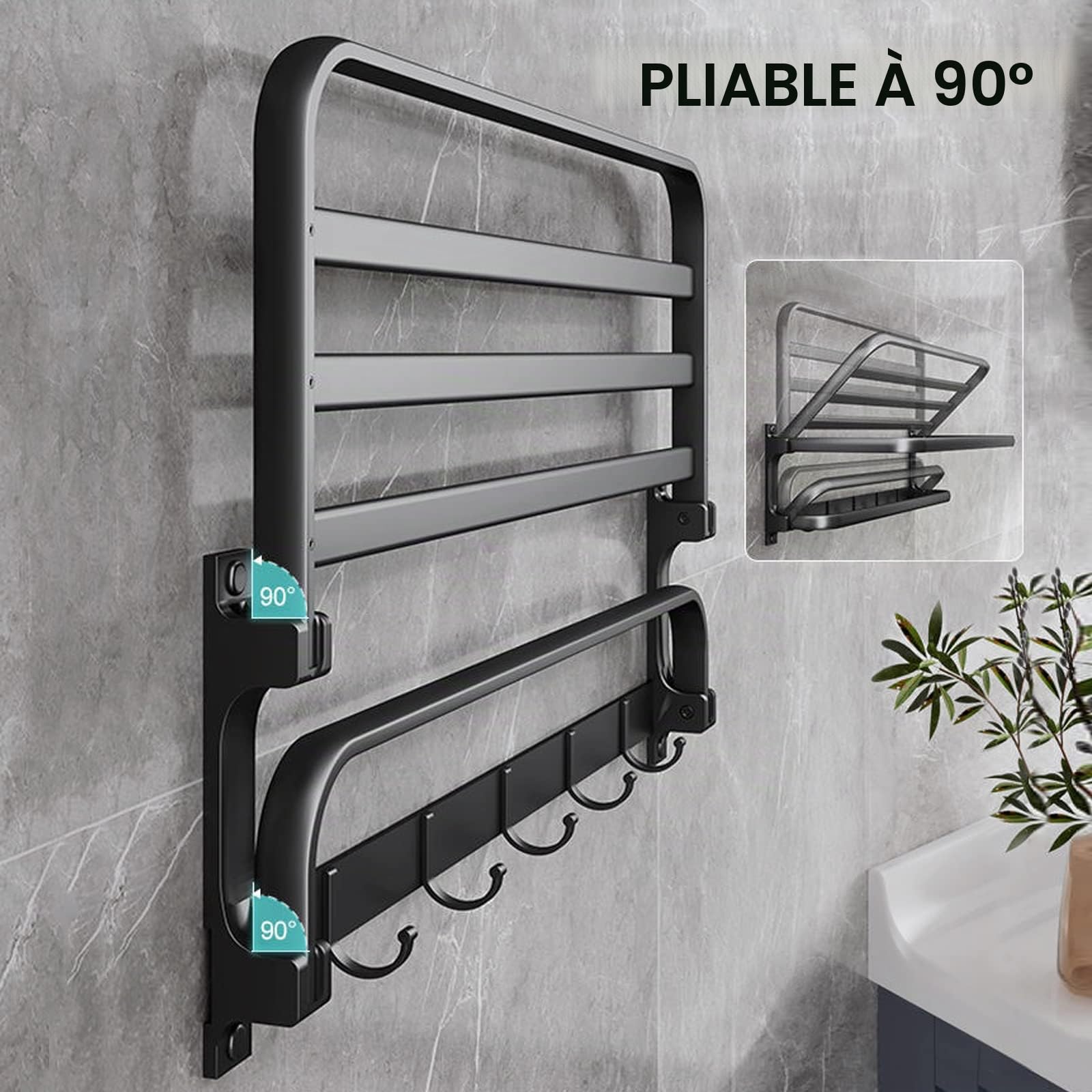 Porte-Serviettes sans perçage - Noir - Porte Serviettes de Salle de Bain - Montage Mural - avec 5 Crochets pour Serviettes de Bain, 58cm