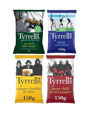 AMBARII Tyrrells Hand-Cooked English Crisps Variety Pack, Sea Salt & Cider Vinegar, Lightly Sea Salted, Mature Cheddar & Chive, Sweet Chilli & Red Pepper, 150g x 4AM