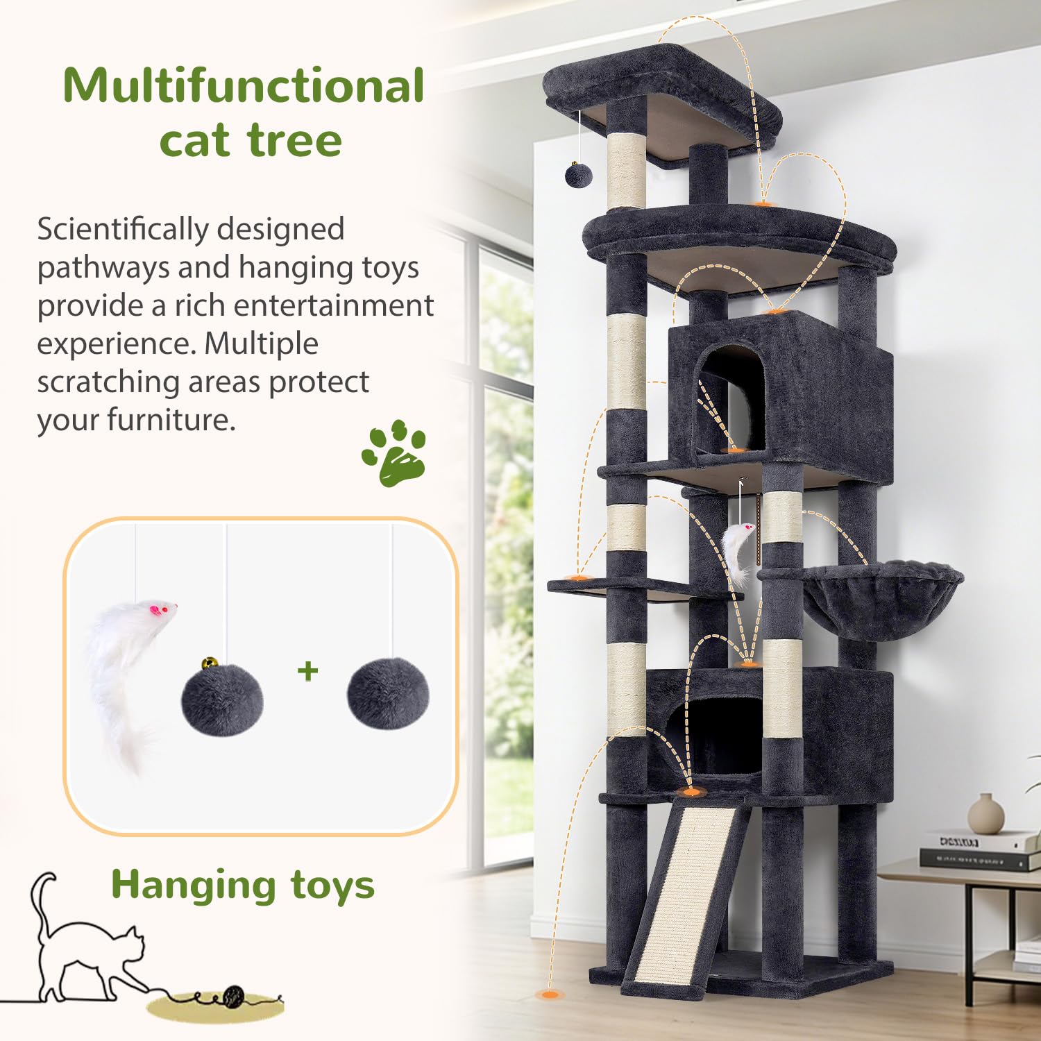 Globlazer Árbol Rascador para Gatos XXL 215 cm Alto con 2 Grande Nidos, Extragrande Plataforma, Perchas, Cesta, Tabla Rascar Sisal, Estable Rascador para 3-5 Gatos Adultos Grandes (F84B, Gris Oscuro)