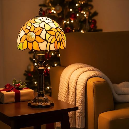 Tiffany Lamp Stained Glass 3 Way Table Lamp,Yellow Sunflower Bedside Table Lamp LED E26 Bulb, for Bedroom Living Room,Included 3 Way LED Bulb