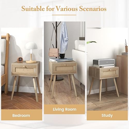 Miniatura 7 de Giantex Juego de 2 mesitas de noche de ratán bohemio, mesitas de noche de madera de mediados de siglo con cajón de tejido de ratán, mesita de noche