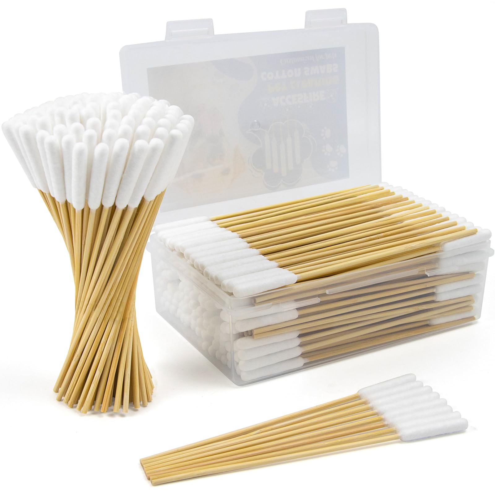 200PCS Professional Dog Ear Swabs in Storage Box 6 Inch Long Cotton Swabs with Bamboo Handle for Dogs