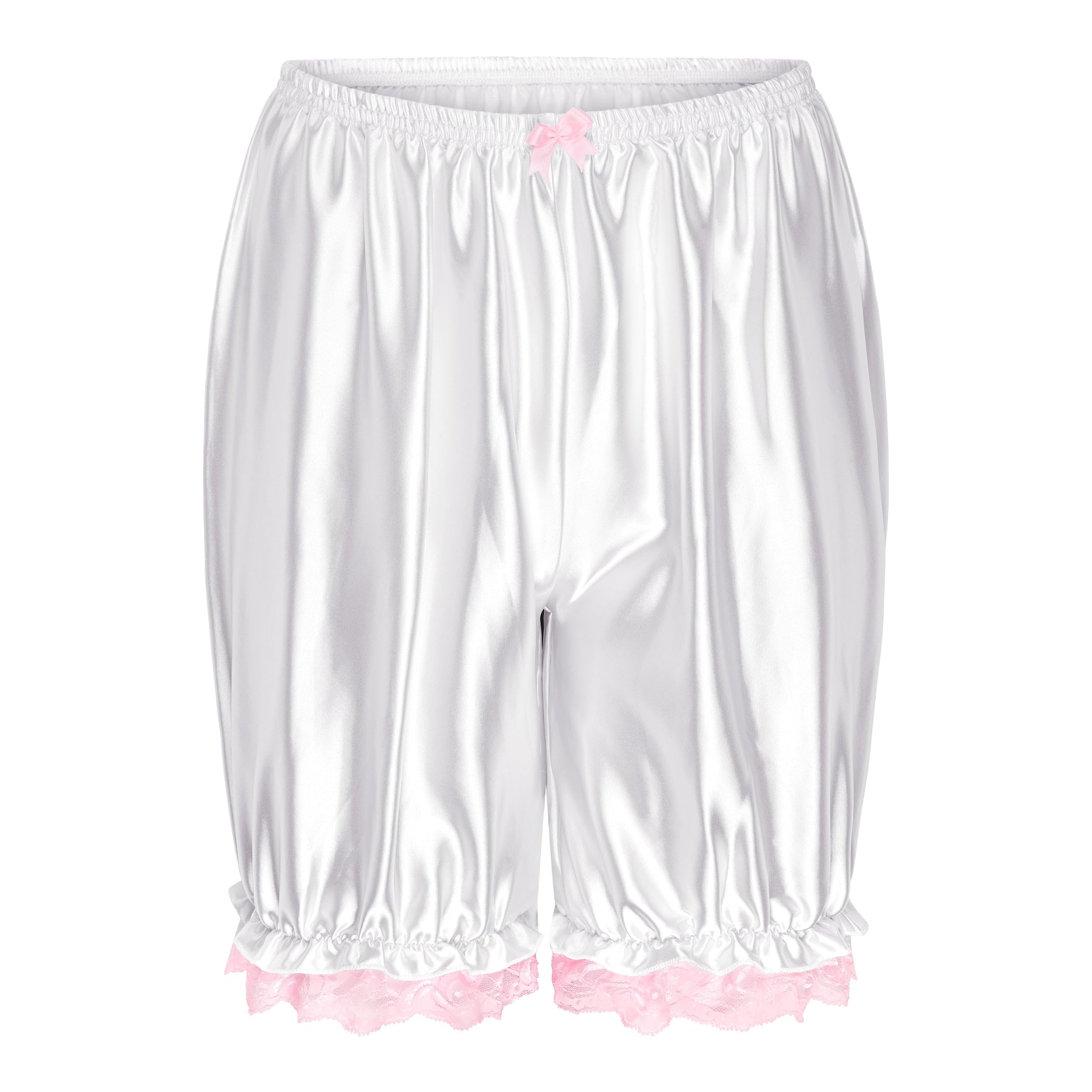 Satini Frilly Lace Sissy Ruffled Victorian Lolita Bloomer Shorts Silky Satin Pumpkin Pantaloon Pettipants (White, XXL)
