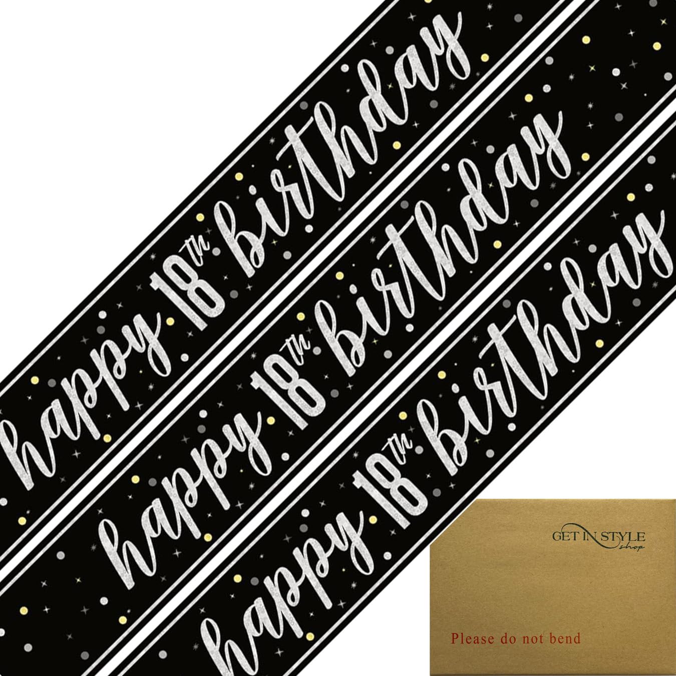 9ft Banner Happy 18th Birthday Elegant Glitz Black & Silver Holographic Foil Pennant (274cm) – For Party Decorations, Celebrations & More