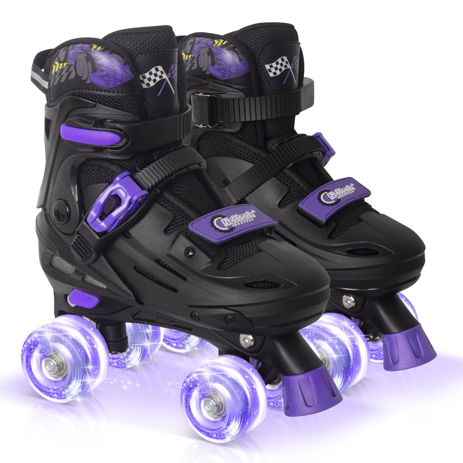 Nattork Rollschuhe Kinder, Verstellbare Rollschuhe für Kinder Jungen Mädchen, 4 Größen Verstellbar und LED Rollschuhe, Rennwagen Roller Skates Geschenkidee für Geburtstage