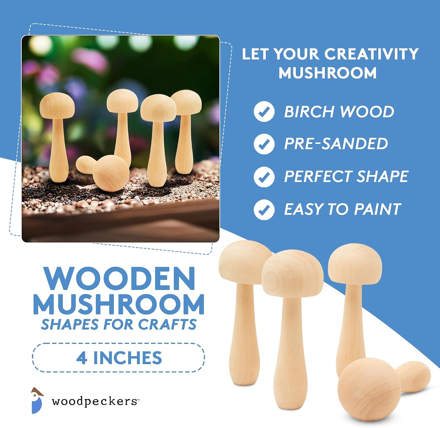 Unfinished Wooden Mushroom Shapes for Crafts, Pack of 5, 4 inch Wood Mushrooms for Decor, Miniatures & Fairy Gardens, by Woodpeckers