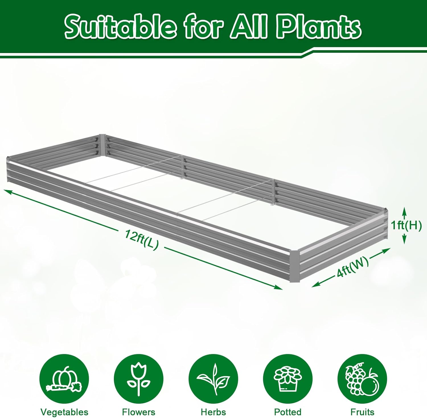 12x4x1FT Galvanized Raised Garden Bed Outdoor Patio, Large Rectangular Metal Planter Boxes,Plant Container Kit for Gardening, Vegetables, Flowers, Herbs,Silver,1 Pack