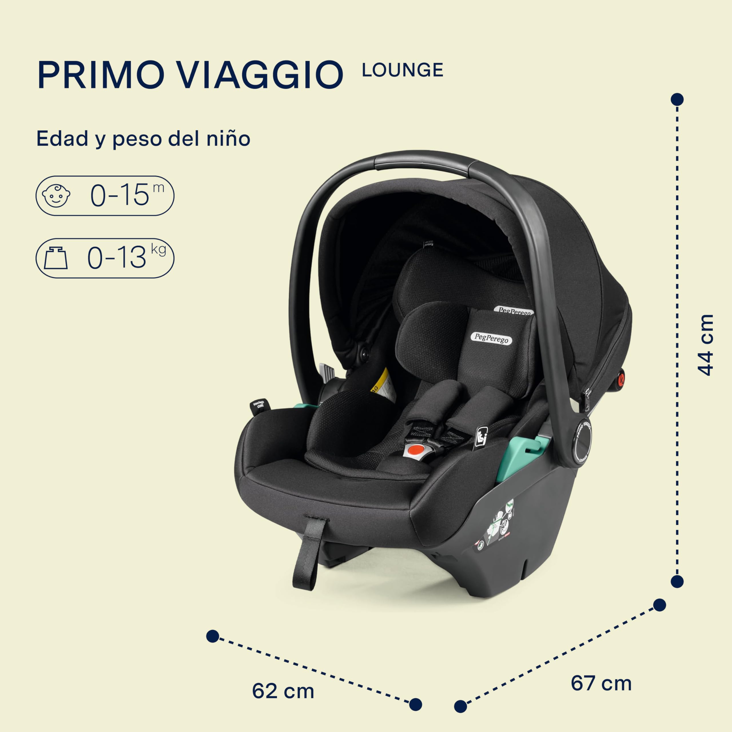 PEG Primo Viaggio Lounge Silla de Coche i-Size Recién Nacido Reclinable, 40-87 cm, 0-15 meses, 0-13 kg, Capota UPF 50+, Protecciones Laterales, Compatible con Cochecitos PEG, Onyx