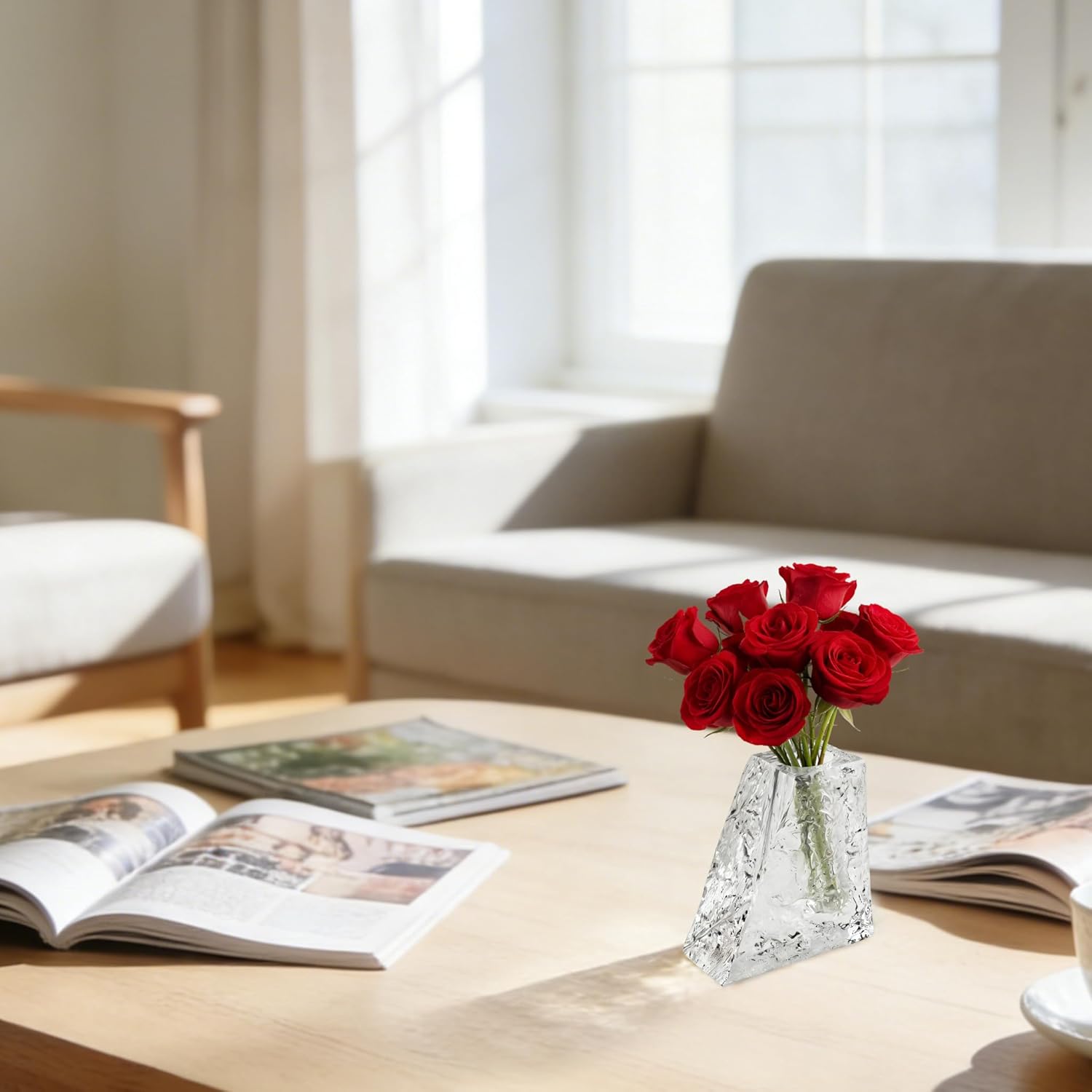 Crystal Flower Vase with Glacial Texture, Clear, Handcrafted Centerpiece for Wedding, Home Decor, Table Display