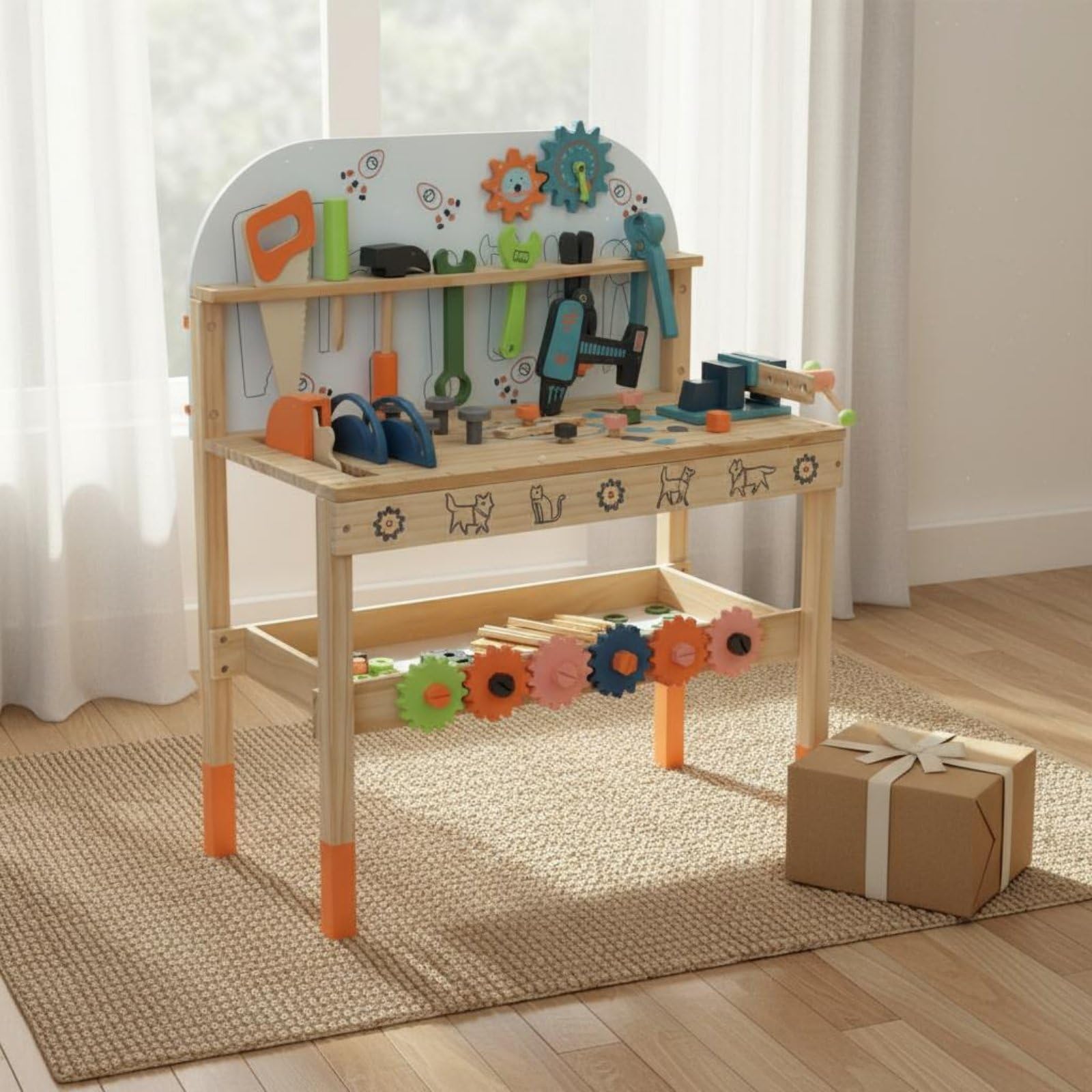 Gralara Kinder-Werkbank Aus Holz Realistisches Spielzeug Kinderwerkbank Lernspielzeug, Kompakte Werkbank In Grau Mit Holzdetails