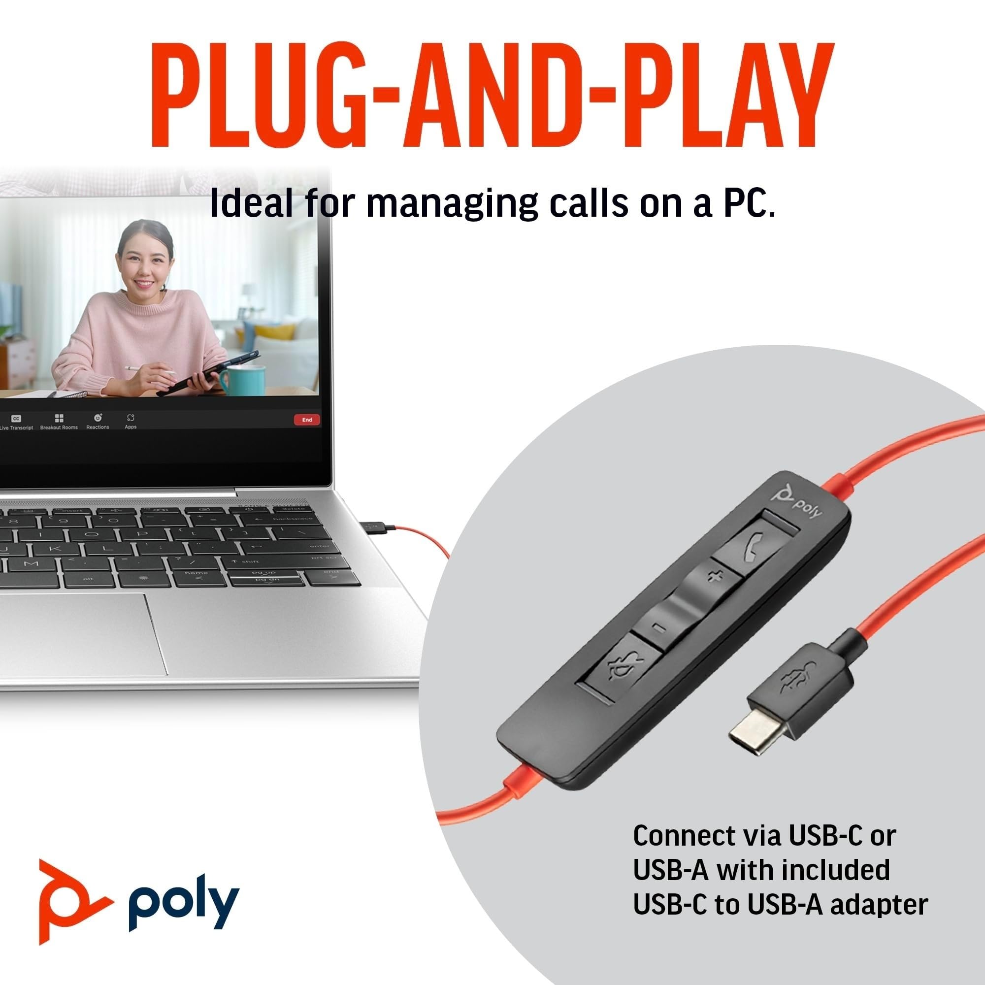 Poly Blackwire 3310, Cuffia Monoaurale Cablata con Connessione USB-A e USB-C, Cuscinetti in Similpelle, Riduzione del Rumore e dell'Eco, Comandi sul Cavo, Compatibile con Windows 10 e macOS, Nero