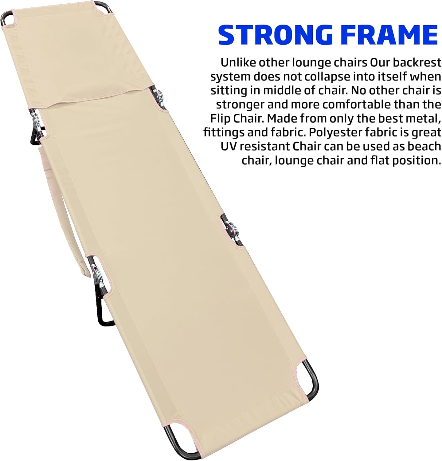 EASYGO PRODUCTS Pool Chair Chaise Lounge 2 Legs Support Polyester Material Reclining Backrest Head Rest Pillow Great for Beach, Home, Backyard, Outdoor, Patio, Pool, Camping, Lawn or Deck Color TAN