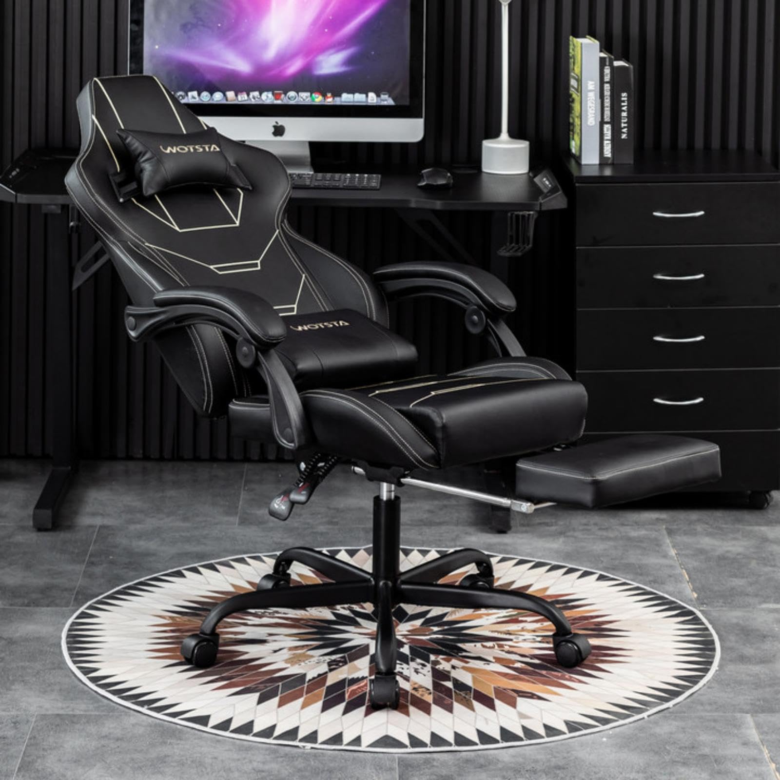 Gaming Stuhl Ergonomisch mit Fußstütze Racing Computerstuhl Höhenverstellbar Gepolstert Bürostuhl Lendenwirbelstütze Schwarz